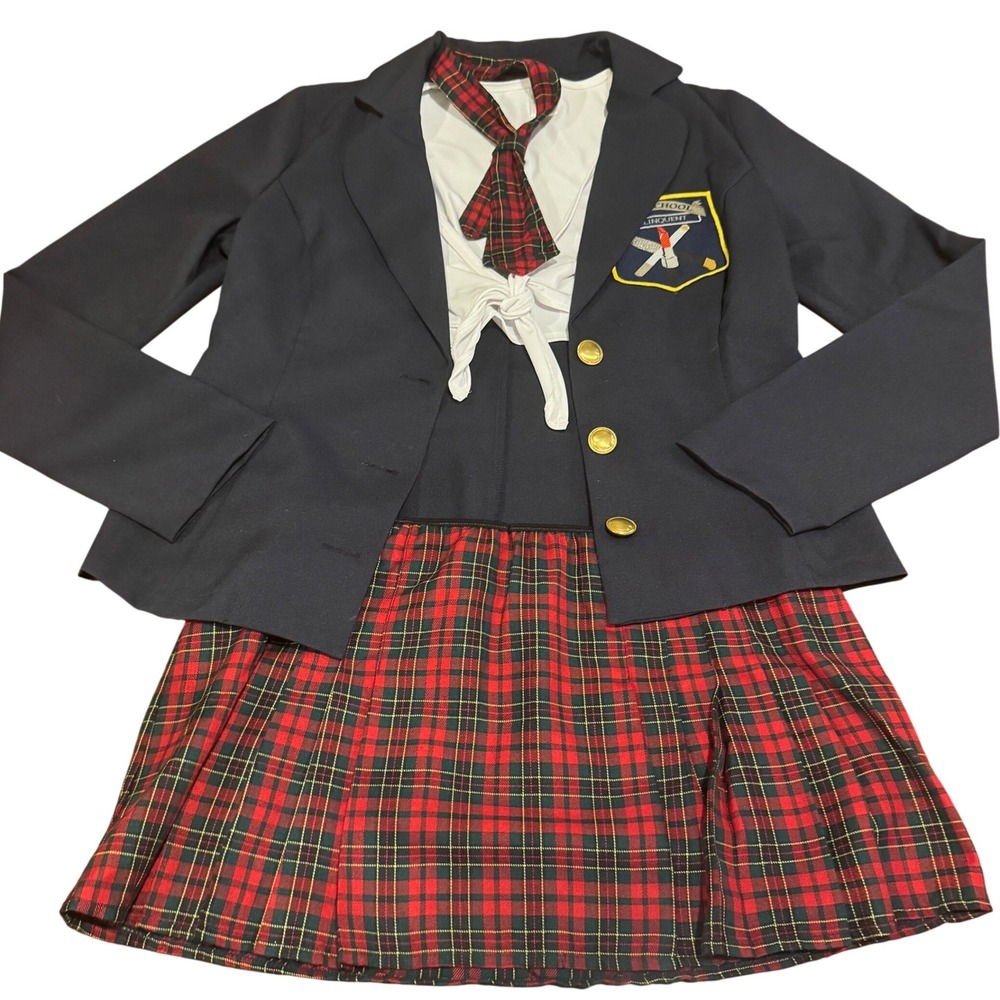 Sexy Delinquent Schoolgirl Costume Plaid Skirt Blazer Tie Prep School Uniform L